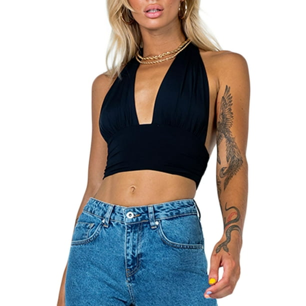 Womens Halter Crop Top V Neck Y2K Camisole Sleeveless Lace-up Pleated Tank Tops